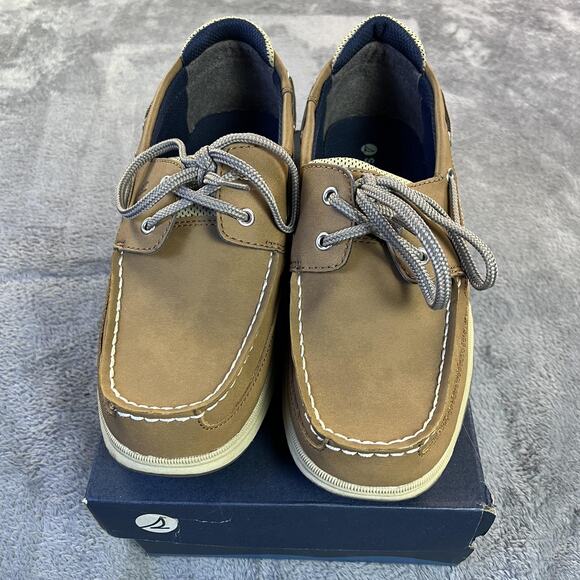 Sperry Lanyard Shoes Mens Size 7 Medium Tan Navy Boat Deck Leather Top-Sider New - Picture 1 of 11
